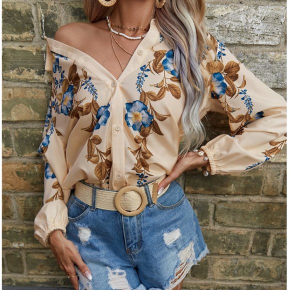 Boho Floral Print Lantern Sleeve Blouse - Picture 3 of 8